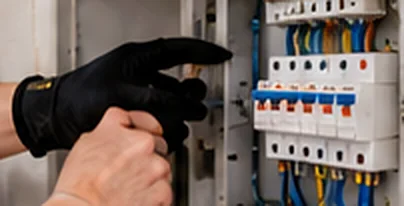 Mano con guante accionando un automático del cuadro eléctrico