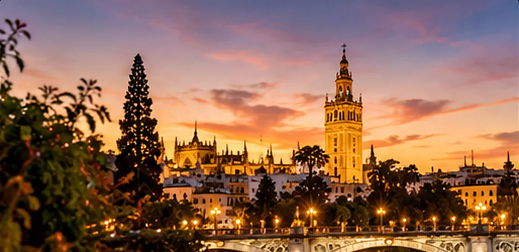 Vista de Sevilla al atardecer con la Giralda y el puente de Triana